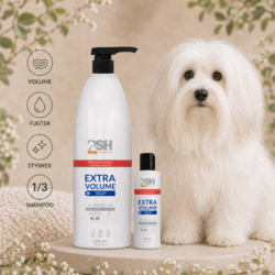 PSH Extra Volume Shampoo fugter og styrker hundens pels, samtidig med at den tilfører fylde og volumen. Koncentreret hundeshampoo til pelspleje.