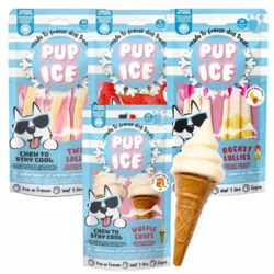 Forkæl din hund med Pup Ice pakketilbud med 10 frysbare hundeis i fire lækre varianter. Perfekt som kølende hundesnack på varme sommerdage.
