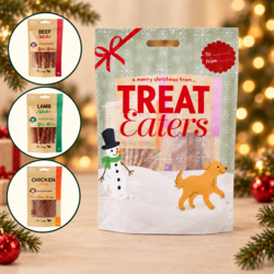 Treat Eaters julegavepose med tre varianter af hundegodbidder: Beef Sticks, Lamb Sticks og Chicken Jerky.