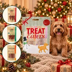 Treateaters Julegavepose til Hund med Beef Sticks, Lamb Sticks og Chicken Dental Chew – en lækker julegave til familiens firbenede ven.