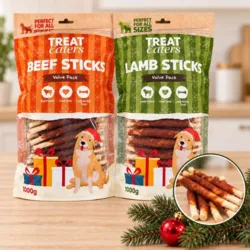Treat Eaters jule-sticks til hund med smag af okse og lam i store 1 kg poser – lækre tyggepinde til julens hyggelige stunder
