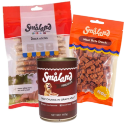 Småland pakketilbud med Duck Sticks, Mini Bits Duck og vådfoder med oksekød