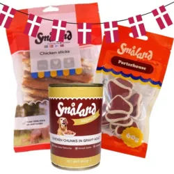 Småland pakketilbud med Chicken Sticks, vådfoder med kylling og Porterhouse-godbidder