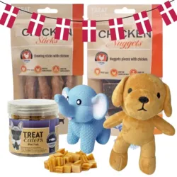 Forkælelsespakke til hunde med Treateaters kyllingesnacks og Mini Fish Cubes, Ollipet latexelefanten Bodil og hundebamsen Rollo