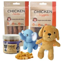Pakketilbud til hunde med Treateaters No Hide-tyggepinde, Chicken Nuggets, Mini Cubes med fisk samt Ollipet Bodil-elefant og Rollo-bamse