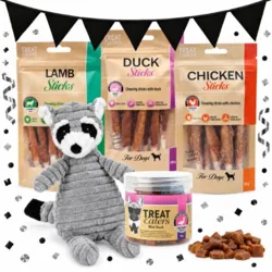 Black November pakketilbud med Ollipet vaskebjørnsbamse, Treateaters Mini Bits Duck og tre poser No-hide tyggepinde med lam, and og kylling