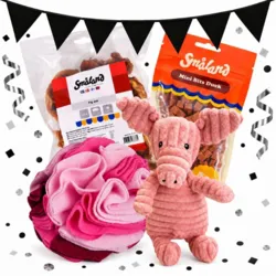Forkæl din hund med Grisen Grynte, en pink Flower snusebold, lækre andegodbidder og naturlige griseører. En skøn pakke til leg, snusehygge og tyggeglæde