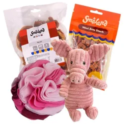 Giv din hund hyggelige stunder med den bløde Grisen Grynte, en pink Flower snusebold, Mini Bits med and og lækre griseører. Til snuseleg, forkælelse og tyggehygge