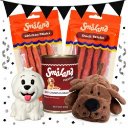 Forkæl din hund med et Black November pakketilbud med hundebamse, latexlegetøj, Småland sticks med and og kylling samt vådfoder med okse