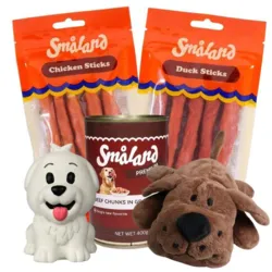 Forkæl din hund med en blød bamseven, sjovt latexlegetøj og lækre Småland favoritter. En skøn pakke til leg, snackpauser og noget ekstra godt i madskålen