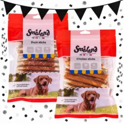 Smagfuld tyggeglæde med Småland Duck Sticks og Chicken Sticks. To lækre varianter samlet i én pakke med i alt 600 g