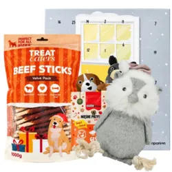 Julepakketilbud til hund med Companion julekalender, Treateaters No-Hide Sticks med oksekød, Trixie juleugle og Buba godbidder med gås, æble og kanel