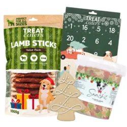 Forkæl din hund med Treateaters julekalender, Snack'it Julemix, No-Hide tyggepinde med lam og et Trixie latexjuletræ til hyggelig juleleg