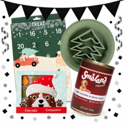 Glæd din hund med Hundens Julemenu – en hyggelig julepakke med slikkeskål, vådfoder med oksekød, festlige julekager og en julekalender
