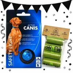 Bliv klar til gåturen med blå Active Canis hundelygte og 60 Ollipet BioBags hømhømposer – en praktisk pakke til mørke morgen- og aftenture.