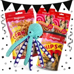 Glæd din hund med en hyggelig pakke med Dogman popcorn, kyllingechips, Spinner Treat Mix og Blæksprutten Charlie – til lækker forkælelse og leg