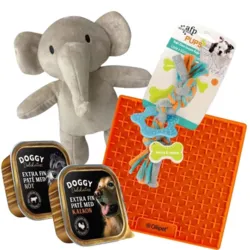 Pakketilbud til hvalpe med Ollipet elefantbamse, AFP Pups Multi Rope, orange slikkeplade og to bægre DOGGY Delikatesse vådfoder