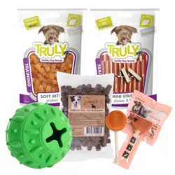 Pakketilbud til hvalpe med Dogman aktivitetsbold, Truly Chicken Training Bites, Mini Puppy Strips, Snack’it Softies og Lollipop