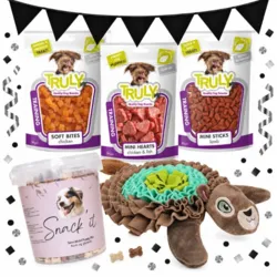 Hvalpepakke med AFP Egon Egern snusemåtte, Snack’it Puppy Mix og tre poser Truly-godbidder, vist med Black November-flagguirlande