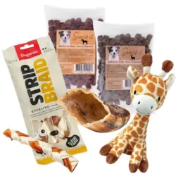 Hundens Hyggepakke med Chicken Strip Braid, to poser Snack’it Softies, en kalveklov og Ollipet Baby Sally uden piv
