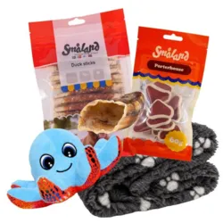 Giv din hund en blød hvileplads og lækker forkælelse med sort vetbed, sprutte med piv, Småland snacks og kalveklov. Til leg og hyggelige pauser.
