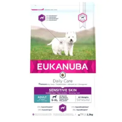 Eukanuba Daily Care Sensitive Skin 2,3kg hundefoder med fisk. Velegnet til voksne hunde af alle racer med særlige behov