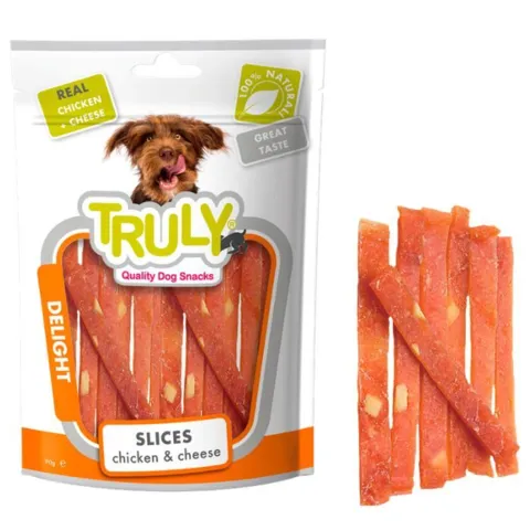 Truly Quality Dog Snacks Slices Chicken & Cheese 90 g – 100% naturlige hundesnacks med kylling og ost, ideelle som forkælelse eller træningsgodbid