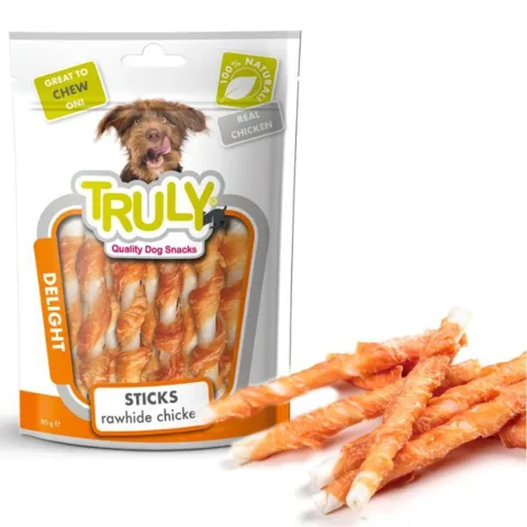 Truly Dog Snacks Sticks Rawhide Chicken 85 g – hundegodbidder med råhud og kylling, ideelle som belønning og aktivering