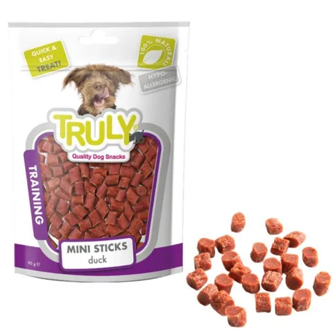 Truly Training Mini Sticks med and – hundesnack i praktisk 90 g pose, ideel til daglig træning, aktivering og som lækker belønning til hunde i alle størrelser