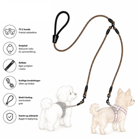 Ollipet Dobbelt Refleks Hundesnor til 2 hunde i Mokka