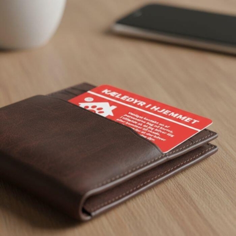 Smart kontaktkort med kontakter der kan hente dit dyr i tilfælde af en ulykke - Passer perfekt i pungen.