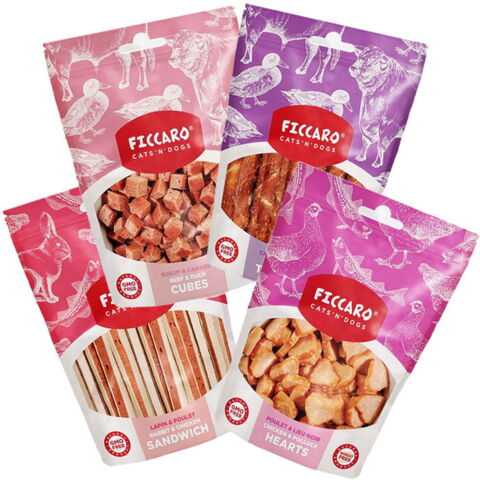 4 lækre pakker ficcaro godbidder i lyserød indpakning