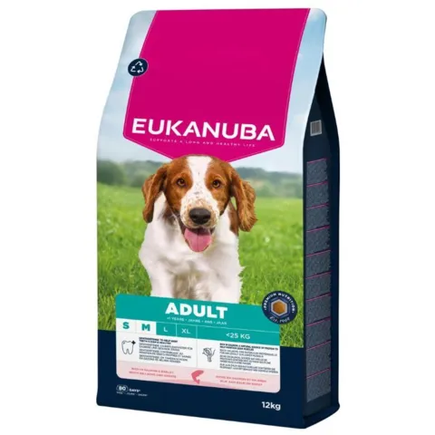 Eukanuba Adult 12kg hundefoder med laks og byg til små og mellemstore hunde