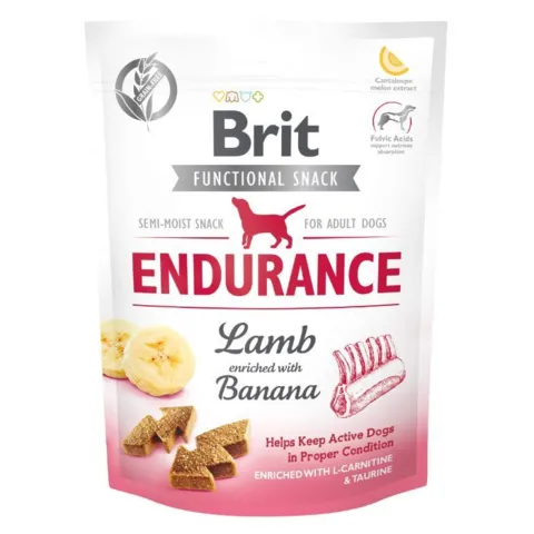 Brit Functional Snack Endurance Lamb & Banana er lækre semi moist hundegodbidder med lam og banan til voksne hunde