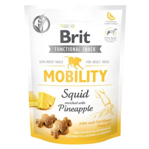 Brit Functional Snack Mobility Squid & Pineapple er velsmagende hundegodbidder med blæksprutte og ananas – semi moist snacks til voksne hunde