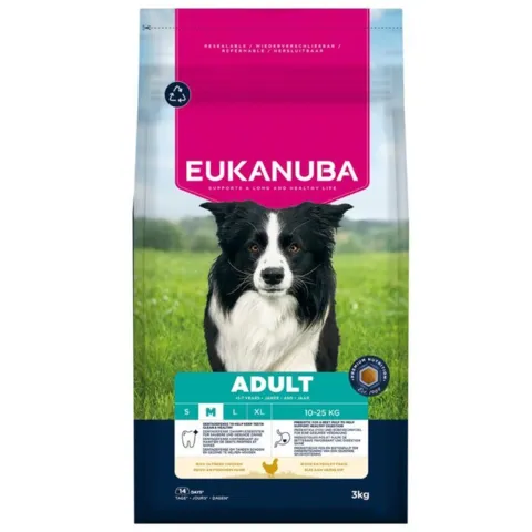 Eukanuba Adult Medium 3kg hundefoder med frisk kylling. Perfekt til hunde 10-25 kg