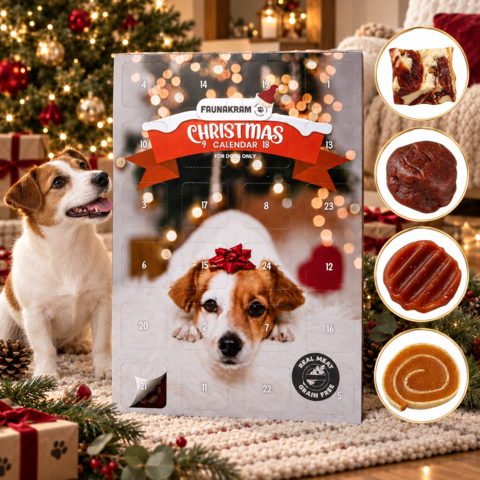 Faunakram Julekalender Real Meat 100g med 24 låger fyldt med lækre kødsnacks til hunden. En hyggelig hundejulekalender til december
