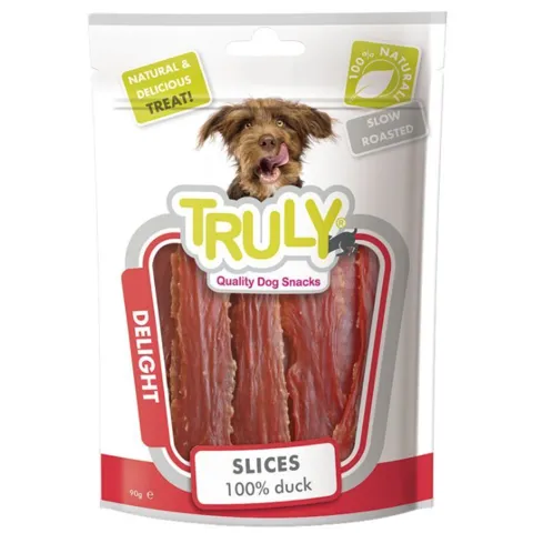 Truly Slices 100% Duck Delight hundegodbidder – lækre og slow roasted andeslices i høj kvalitet, perfekte som naturlig og smagfuld snack