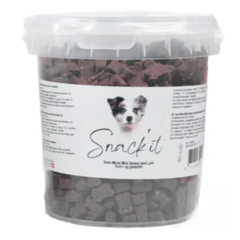 Snack'it Semi-Moist Mini Bones med lam er bløde hundegodbidder med lækker smag. Korn- og glutenfri træningssnack.
