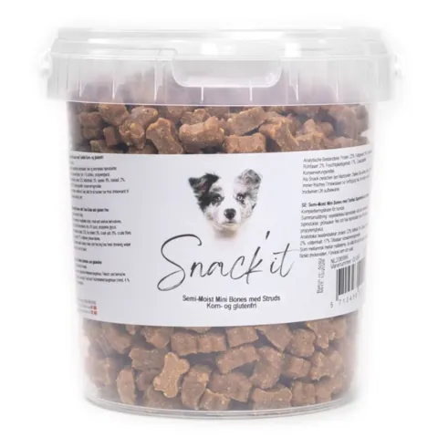 Snack'it Semi-Moist Mini Bones med struds er små bløde hundegodbidder med lækker smag. Korn- og glutenfri træningssnack.