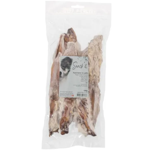 Tørrede kaninører med pels i 100 g pose. En klassisk og naturlig tyggesnack til hunde, perfekt som belønning eller hyggelig beskæftigelse