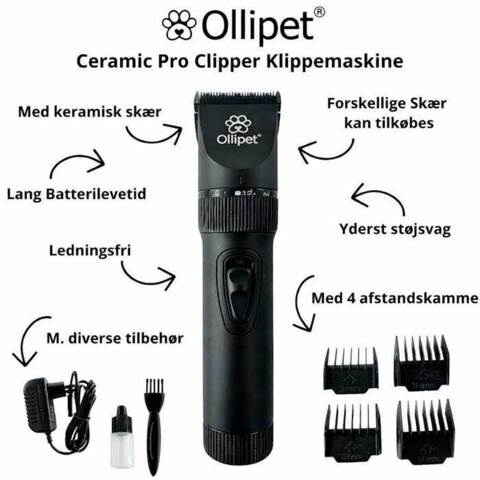 Ollipet Ceramic Pro Clipper | Indhold. En hundetrimmer med 4 afstandskamme og et regulerbart klippeskær