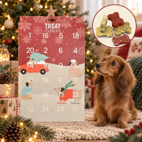 Treat Eaters julekalender til hund med 24 låger og festlige munchy godbidder – hyggelig forkælelse til din hund hver dag frem mod juleaften