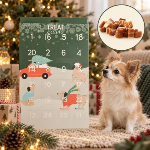 Treat Eaters julekalender til hund med 24 låger fyldt med lækre godbidder – en hyggelig måde at forkæle din hund hver dag frem mod jul
