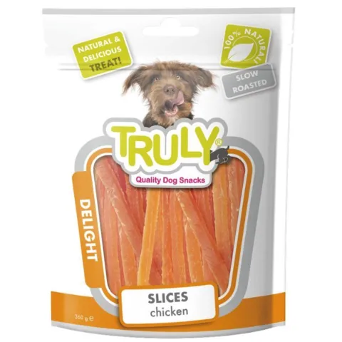 Truly Slices Chicken Delight 360 g hundegodbidder – lækre og slow roasted kyllingeslices i større pose, perfekte som naturlig og smagfuld snack