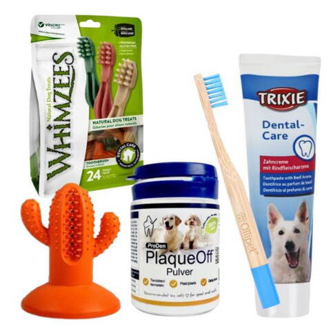 Tandpleje sæt til din hund med Plaque off, Whimzees snacks, tandbørste, tandpasta og legetøj