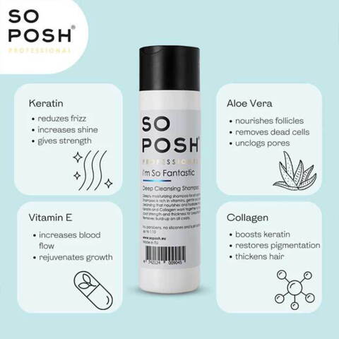 So Posh I'm So Fantastic Shampoo indeholder: Keratin, Aloe Vera, Vitamin E og Collagen
