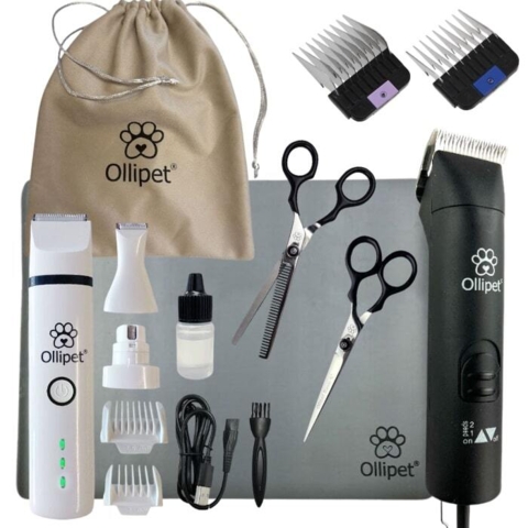komplet klippesæt med klippemaskine, hundesakse og poteklippemaskine, underlag og obevaringspose