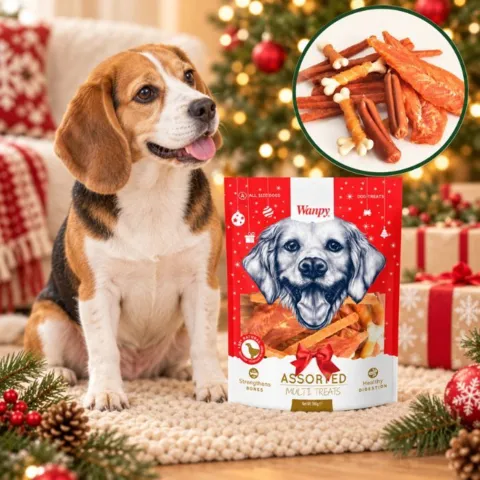 Wanpy Assorted Multi Treats er en julepose med et varieret udvalg af lækre hundegodbidder i forskellige former og smagsvarianter