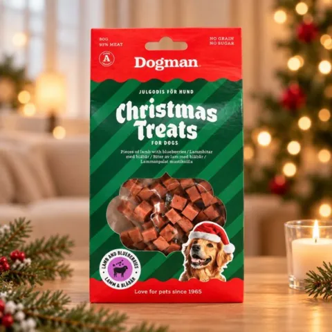 Dogman Christmas Treats med lam og blåbær – lækre julegodbidder til hunde i hyggelige juleomgivelser